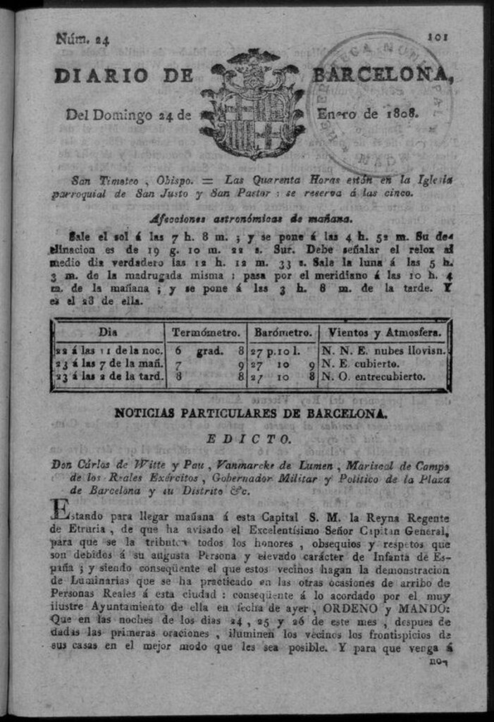 Miniatura de Diario de Barcelona del domingo 24 de enero de 1808