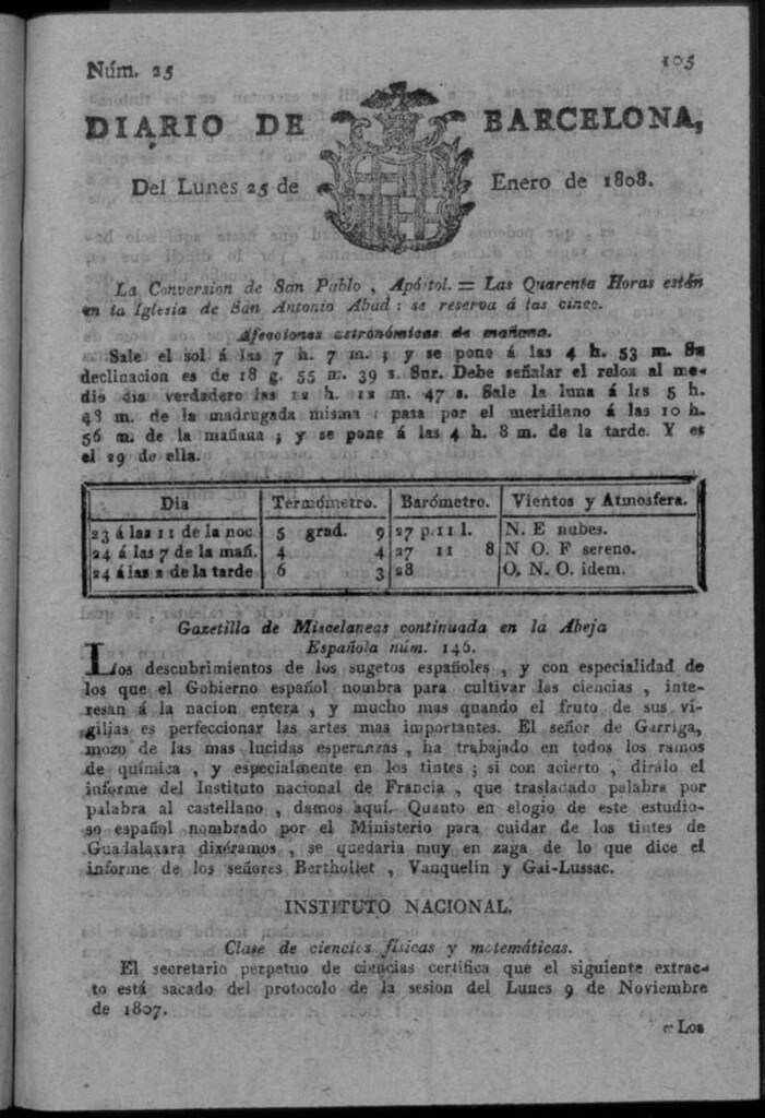 Miniatura de Diario de Barcelona del lunes 25 de enero de 1808