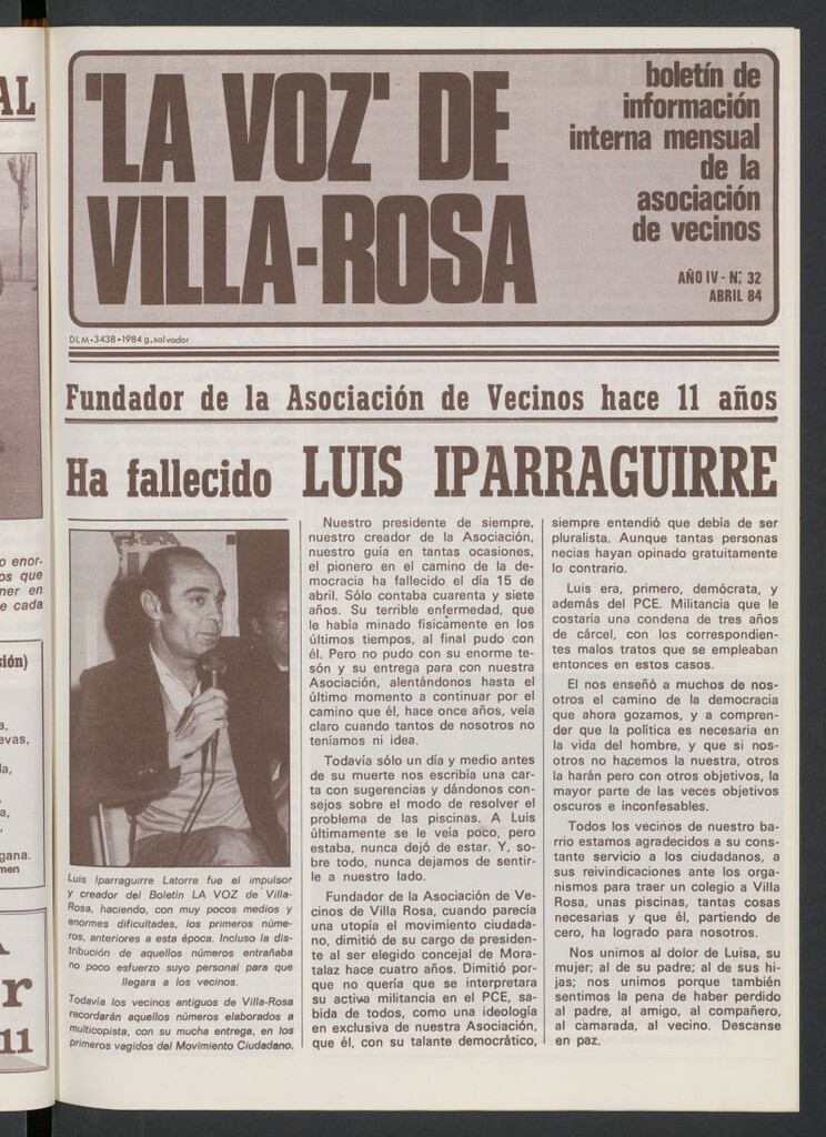 Miniatura de La Voz de Villa-Rosa: boletín informativo mensual de la asociación de vecinos, nº 32 de abril de 1984