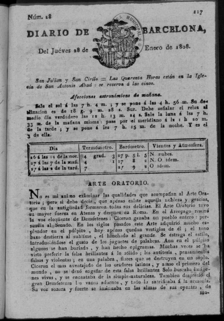 Miniatura de Diario de Barcelona del jueves 28 de enero de 1808