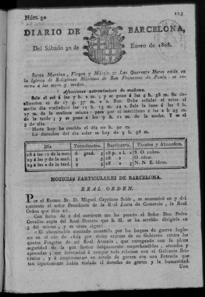Miniatura de Diario de Barcelona del sábado 30 de enero de 1808
