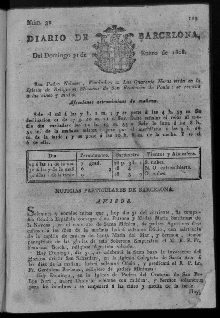 Miniatura de Diario de Barcelona del domingo 31 de enero de 1808