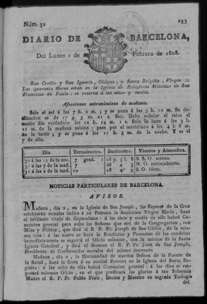 Miniatura de Diario de Barcelona del lunes 1 de febrero de 1808