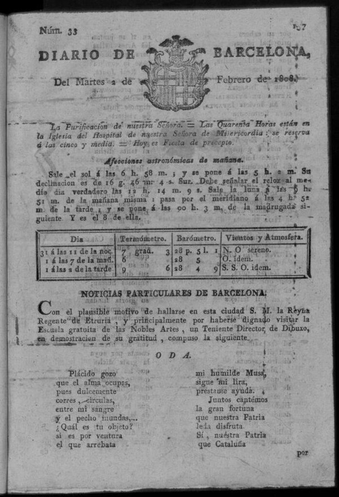 Miniatura de Diario de Barcelona del martes 2 de febrero de 1808