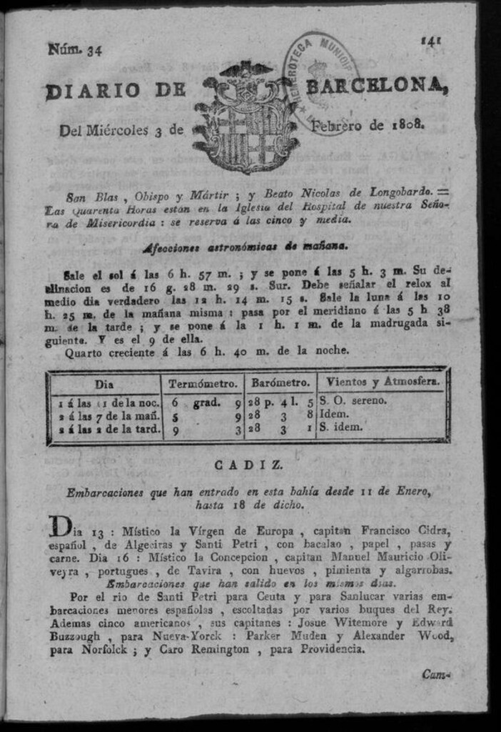 Miniatura de Diario de Barcelona del miércoles 3 de febrero de 1808
