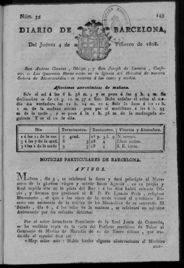 Miniatura de Diario de Barcelona del jueves 4 de febrero de 1808