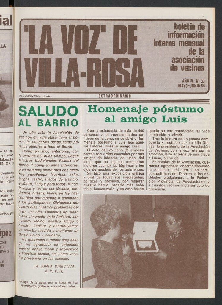 Miniatura de La Voz de Villa-Rosa: boletín informativo mensual de la asociación de vecinos, nº 33 de mayo-junio de 1984