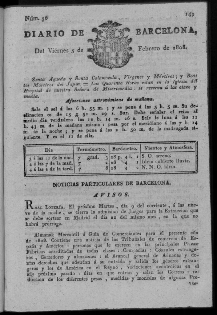 Miniatura de Diario de Barcelona del viernes 5 de febrero de 1808
