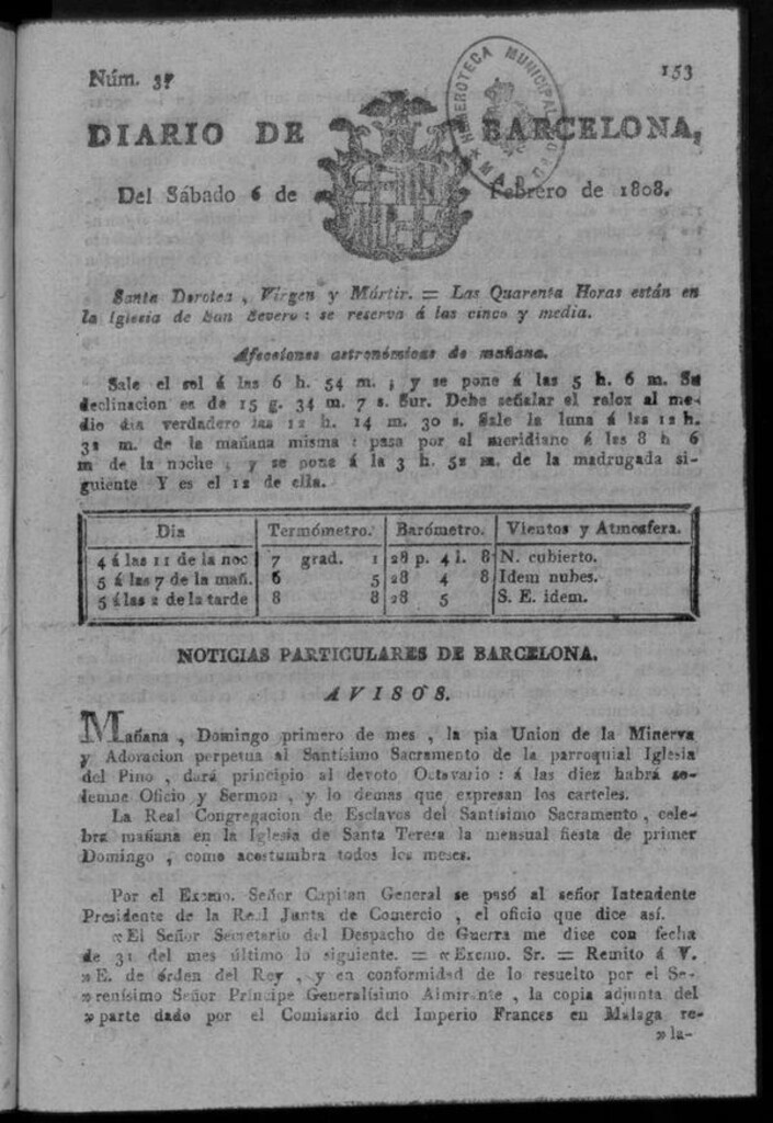 Miniatura de Diario de Barcelona del sábado 6 de febrero de 1808