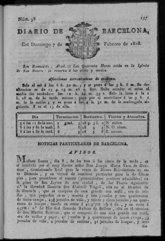 Miniatura de Diario de Barcelona del domingo 7 de febrero de 1808