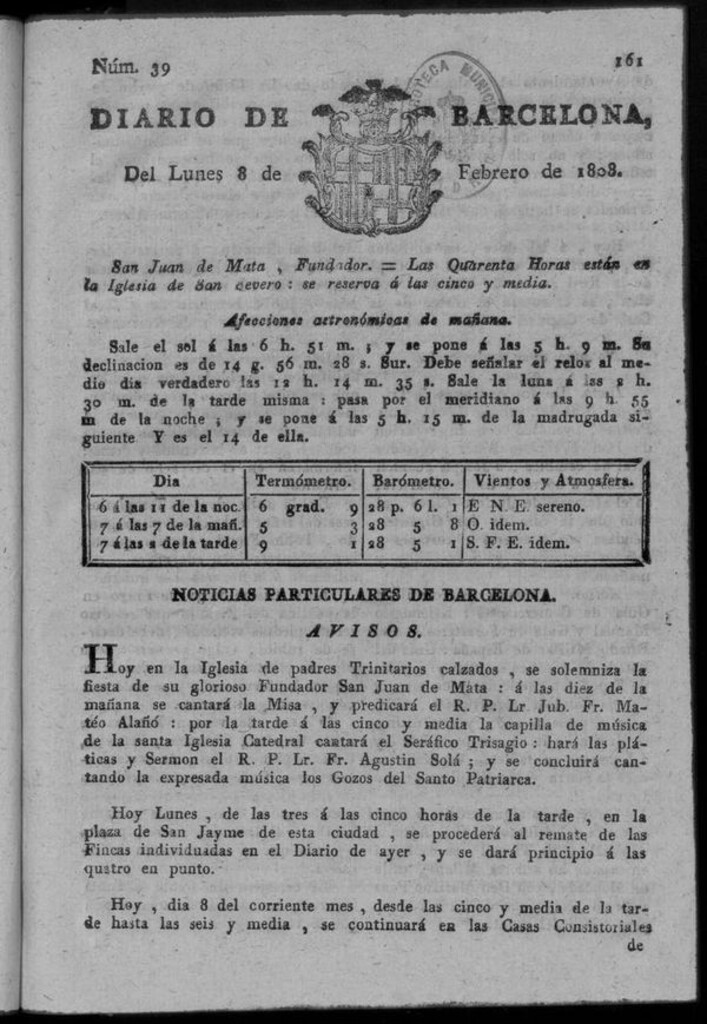 Miniatura de Diario de Barcelona del lunes 8 de febrero de 1808