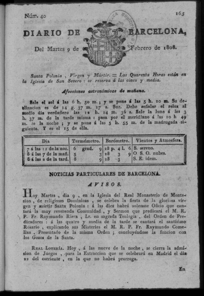 Miniatura de Diario de Barcelona del martes 9 de febrero de 1808