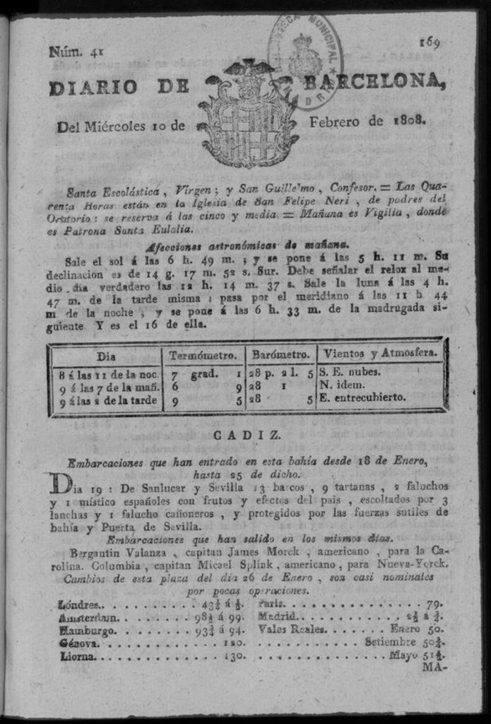 Miniatura de Diario de Barcelona del miércoles 10 de febrero de 1808