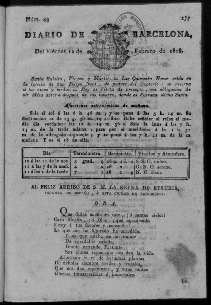 Miniatura de Diario de Barcelona del viernes 12 de febrero de 1808