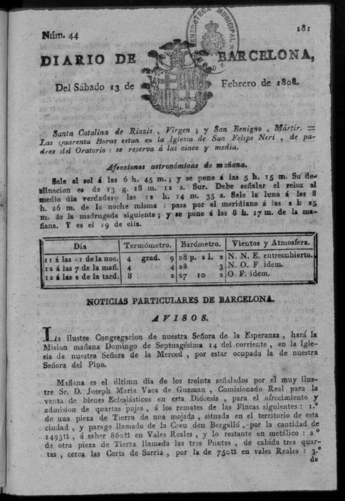 Miniatura de Diario de Barcelona del sábado 13 de febrero de 1808