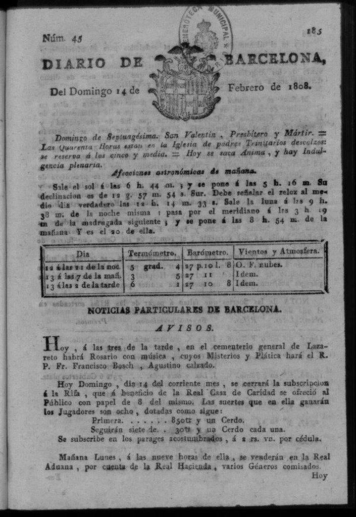 Miniatura de Diario de Barcelona del domingo 14 de febrero de 1808