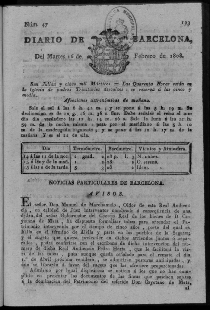 Miniatura de Diario de Barcelona del martes 16 de febrero de 1808