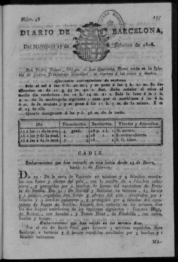Miniatura de Diario de Barcelona del miércoles 17 de febrero de 1808