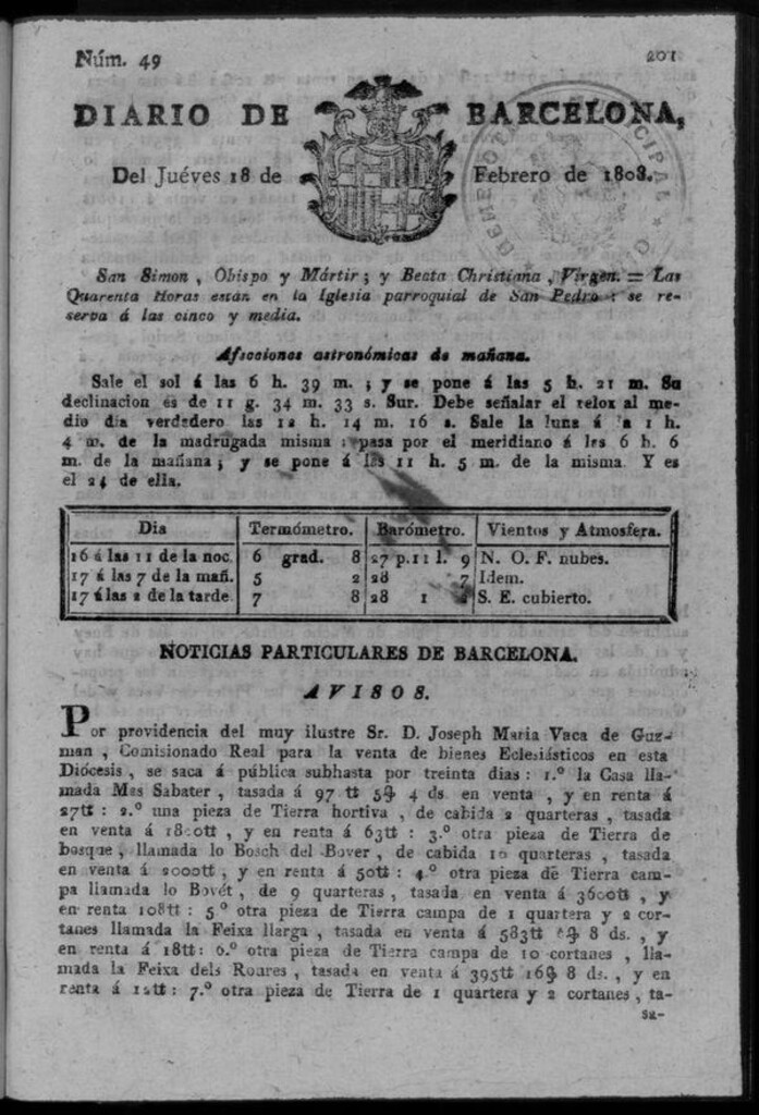 Miniatura de Diario de Barcelona del jueves 18 de febrero de 1808