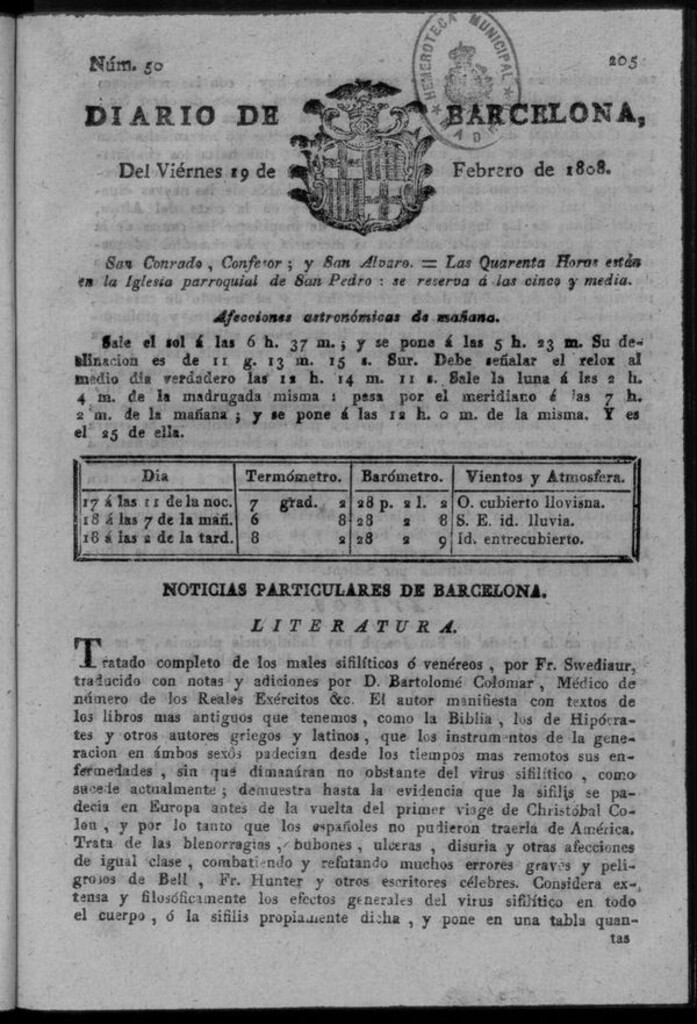 Miniatura de Diario de Barcelona del viernes 19 de febrero de 1808