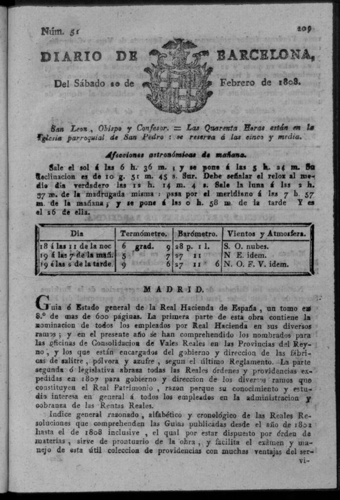 Miniatura de Diario de Barcelona del sábado 20 de febrero de 1808