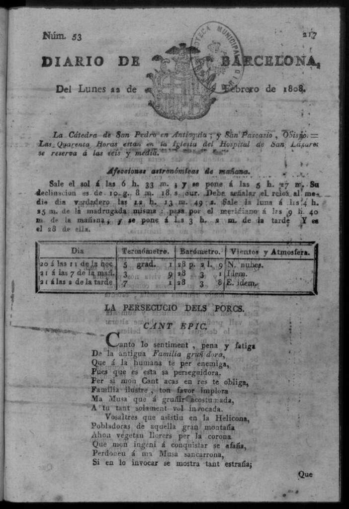 Miniatura de Diario de Barcelona del lunes 22 de febrero de 1808