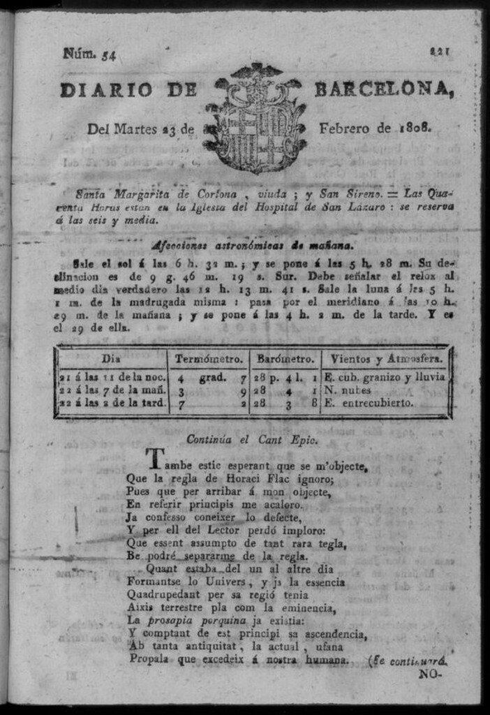Miniatura de Diario de Barcelona del martes 23 de febrero de 1808