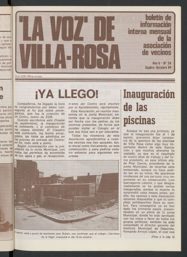 Miniatura de La Voz de Villa-Rosa: boletín informativo mensual de la asociación de vecinos, nº 34 de septiembre-octubre de 1984