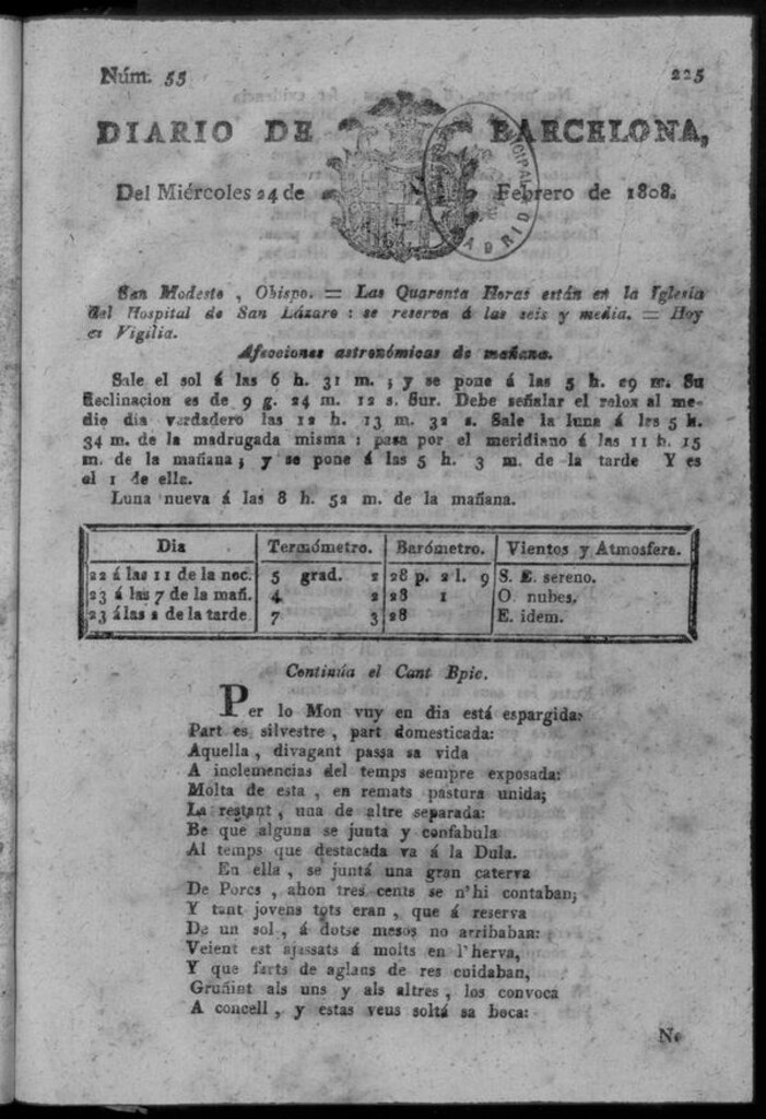 Miniatura de Diario de Barcelona del miércoles 24 de febrero de 1808
