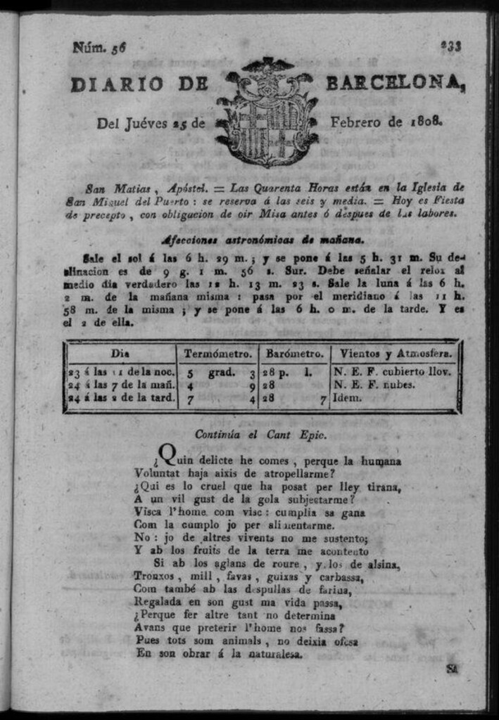 Miniatura de Diario de Barcelona del jueves 25 de febrero de 1808
