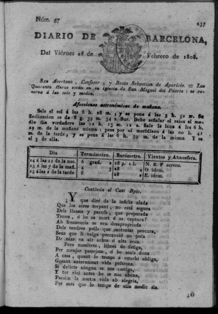 Miniatura de Diario de Barcelona del viernes 26 de febrero de 1808