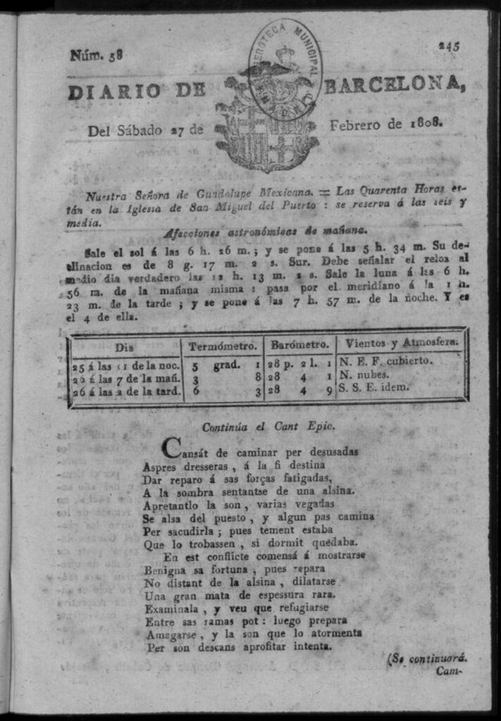 Miniatura de Diario de Barcelona del sábado 27 de febrero de 1808