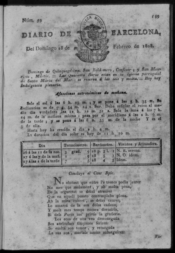 Miniatura de Diario de Barcelona del domingo 28 de febrero de 1808