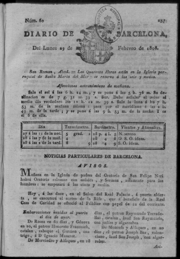 Miniatura de Diario de Barcelona del lunes 29 de febrero de 1808