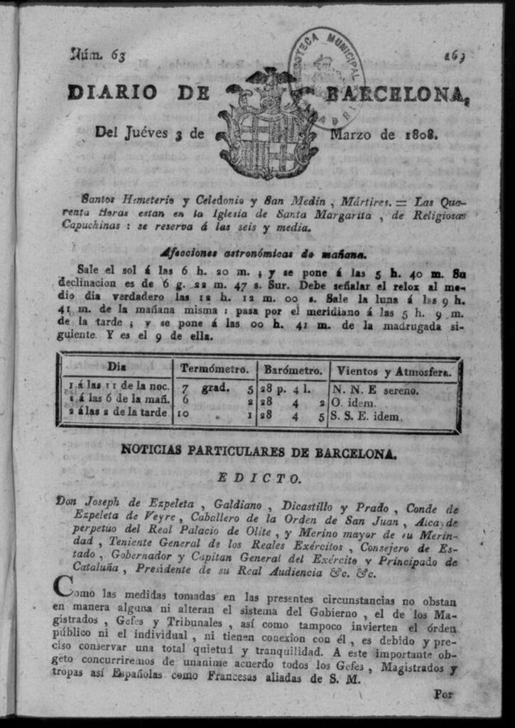 Miniatura de Diario de Barcelona del jueves 3 de marzo de 1808