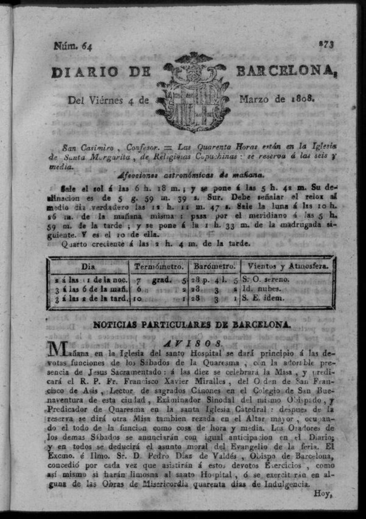 Miniatura de Diario de Barcelona del viernes 4 de marzo de 1808