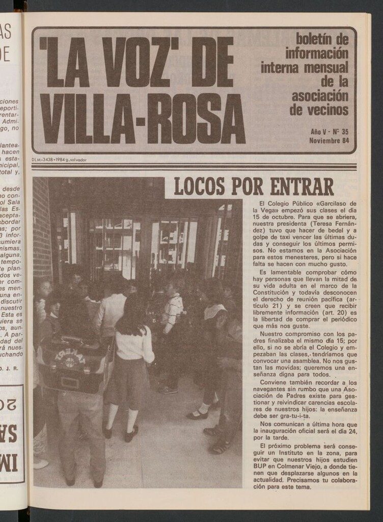 Miniatura de La Voz de Villa-Rosa: boletín informativo mensual de la asociación de vecinos, nº 35 de noviembre de 1984