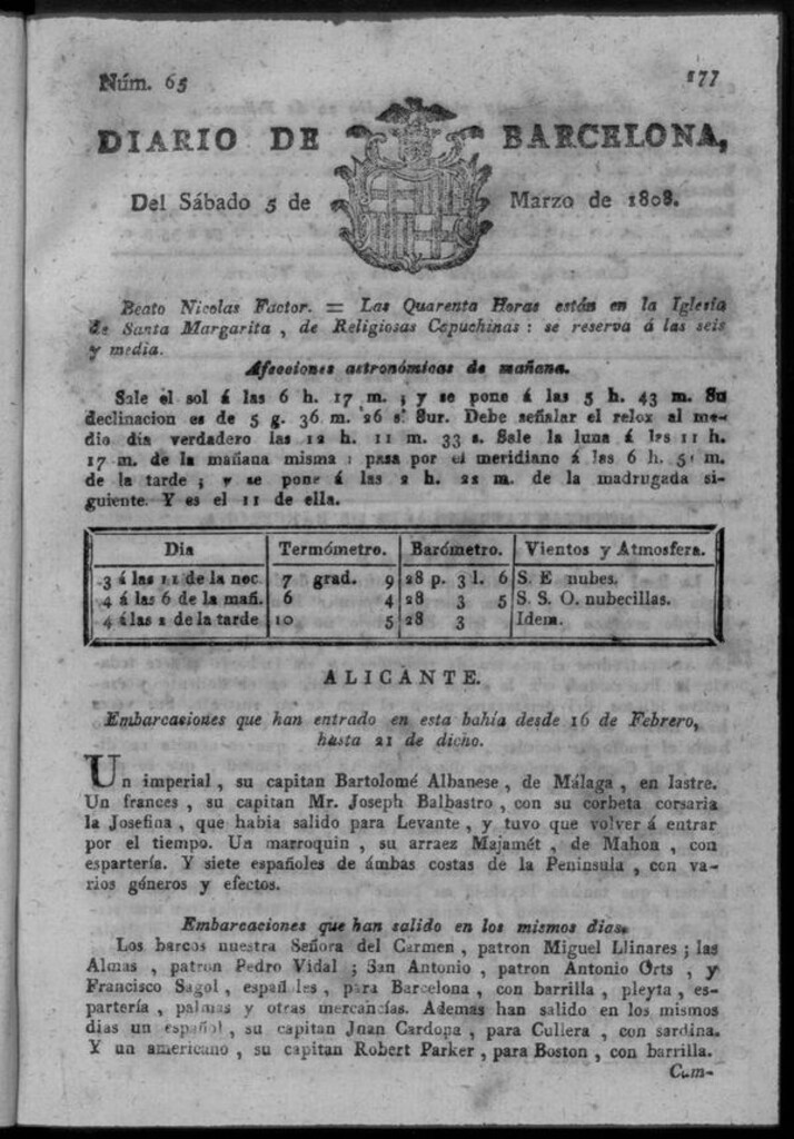 Miniatura de Diario de Barcelona del sábado 5 de marzo de 1808