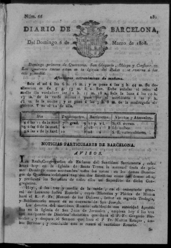 Miniatura de Diario de Barcelona del domingo 6 de marzo de 1808