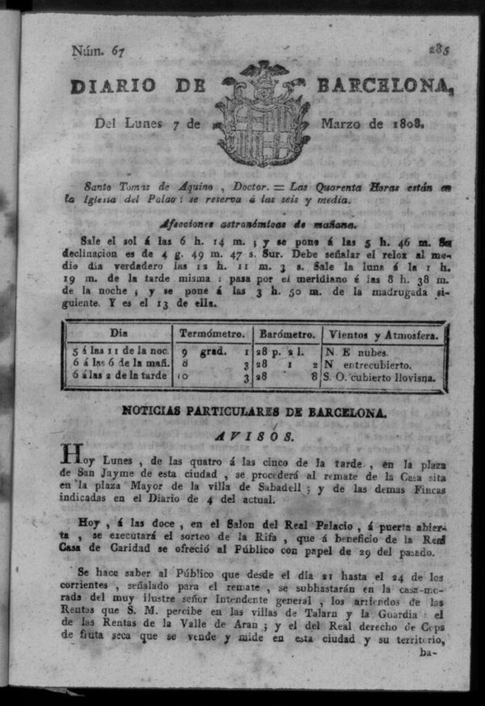 Miniatura de Diario de Barcelona del lunes 7 de marzo de 1808