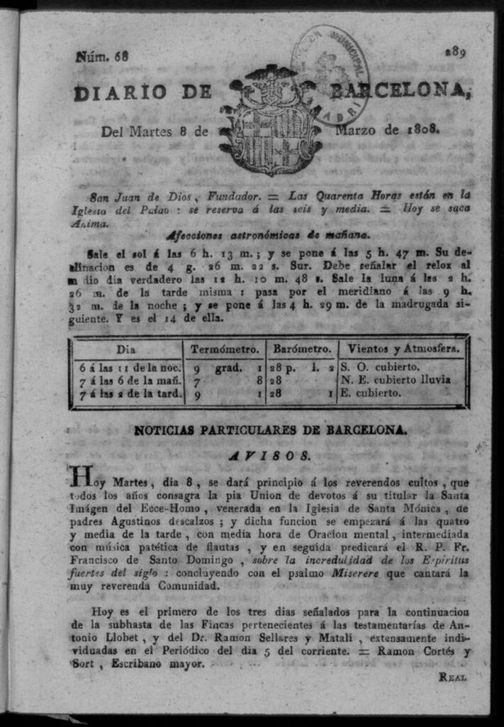 Miniatura de Diario de Barcelona del martes 8 de marzo de 1808