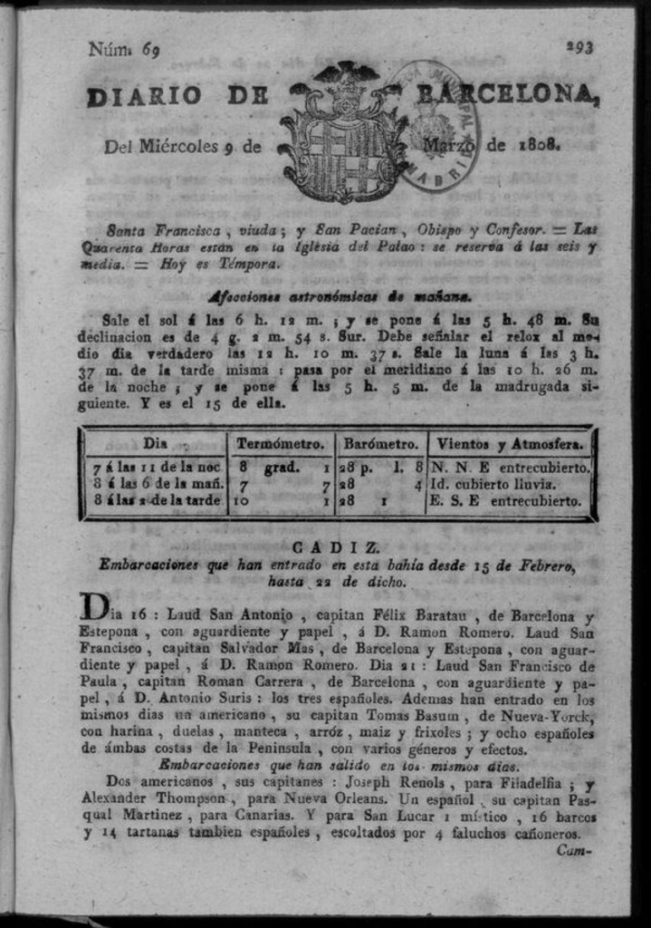 Miniatura de Diario de Barcelona del miércoles 9 de marzo de 1808