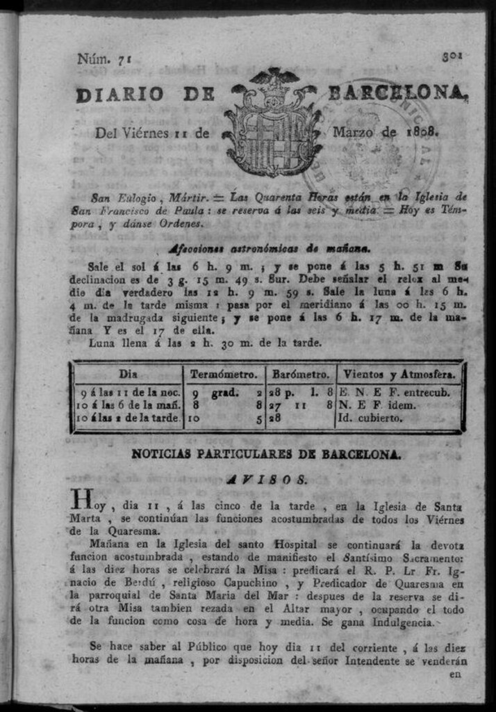 Miniatura de Diario de Barcelona del viernes 11 de marzo de 1808