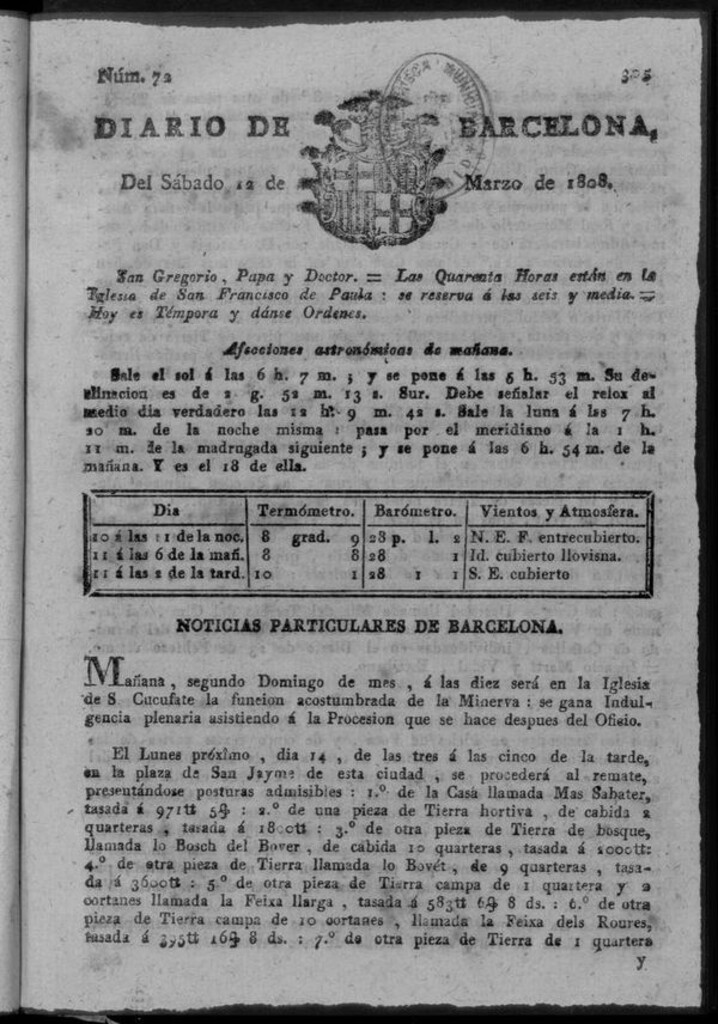 Miniatura de Diario de Barcelona del sábado 12 de marzo de 1808