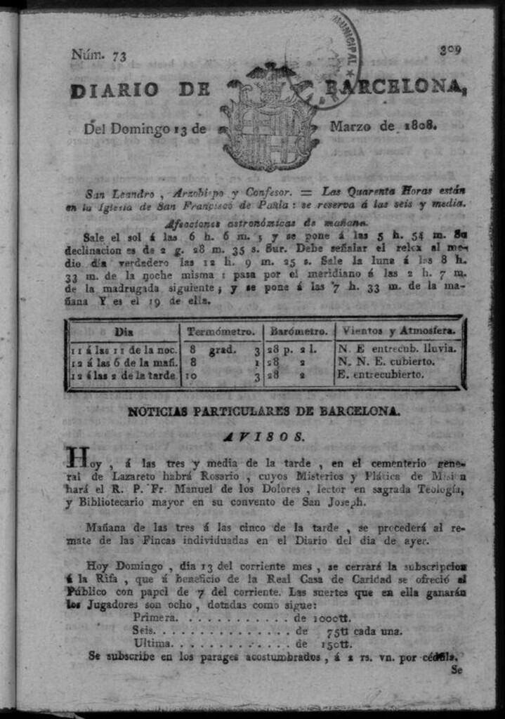Miniatura de Diario de Barcelona del domingo 13 de marzo de 1808