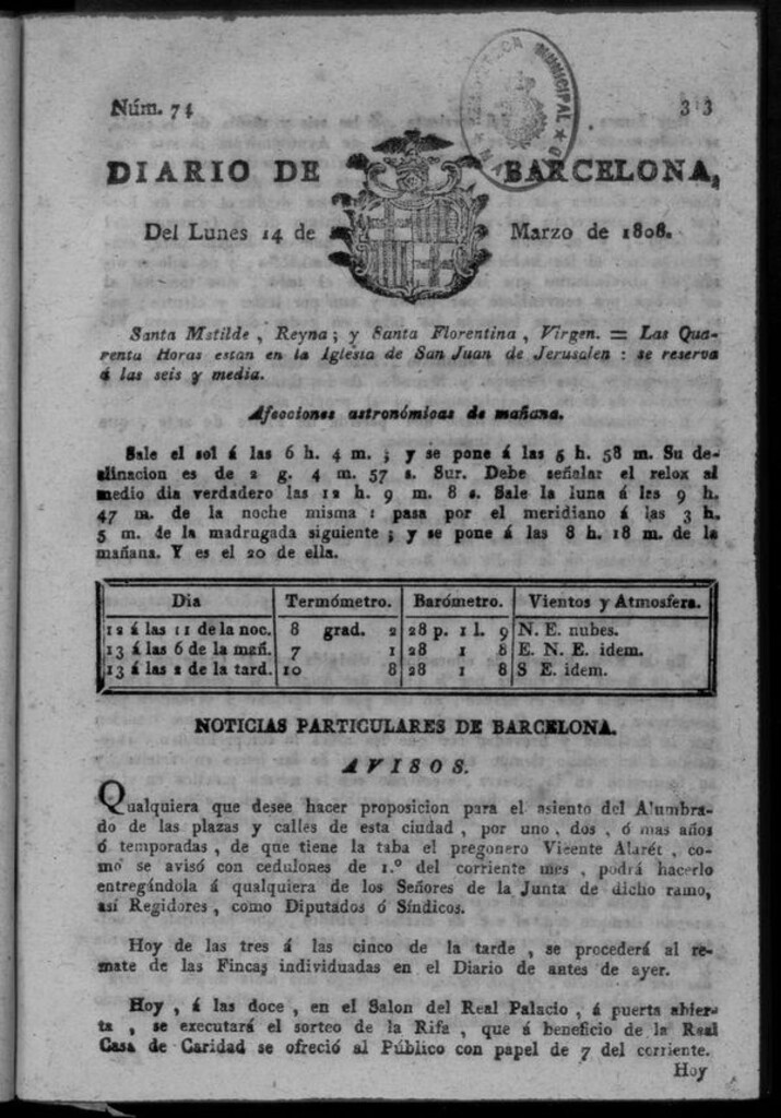 Miniatura de Diario de Barcelona del lunes 14 de marzo de 1808
