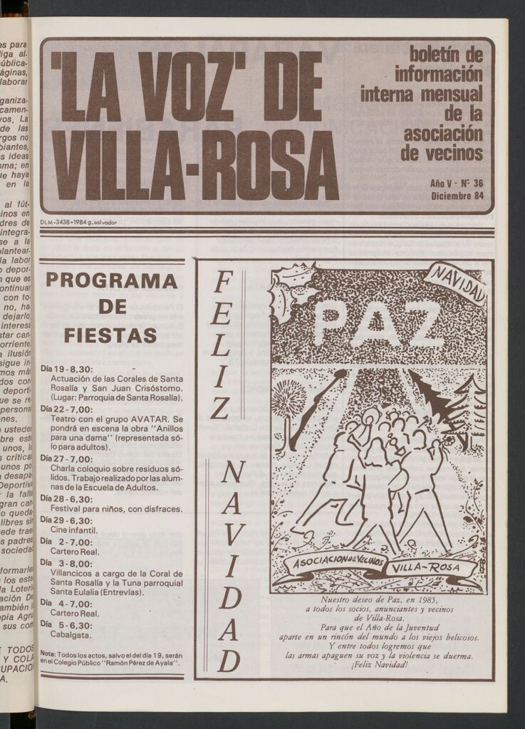Miniatura de La Voz de Villa-Rosa: boletín informativo mensual de la asociación de vecinos, nº 36 de diciembre de 1984
