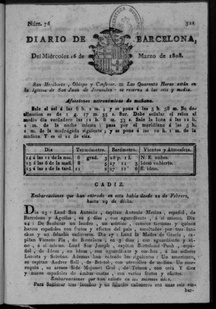 Miniatura de Diario de Barcelona del miércoles 16 de marzo de 1808