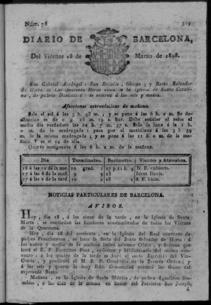 Miniatura de Diario de Barcelona del viernes 18 de marzo de 1808