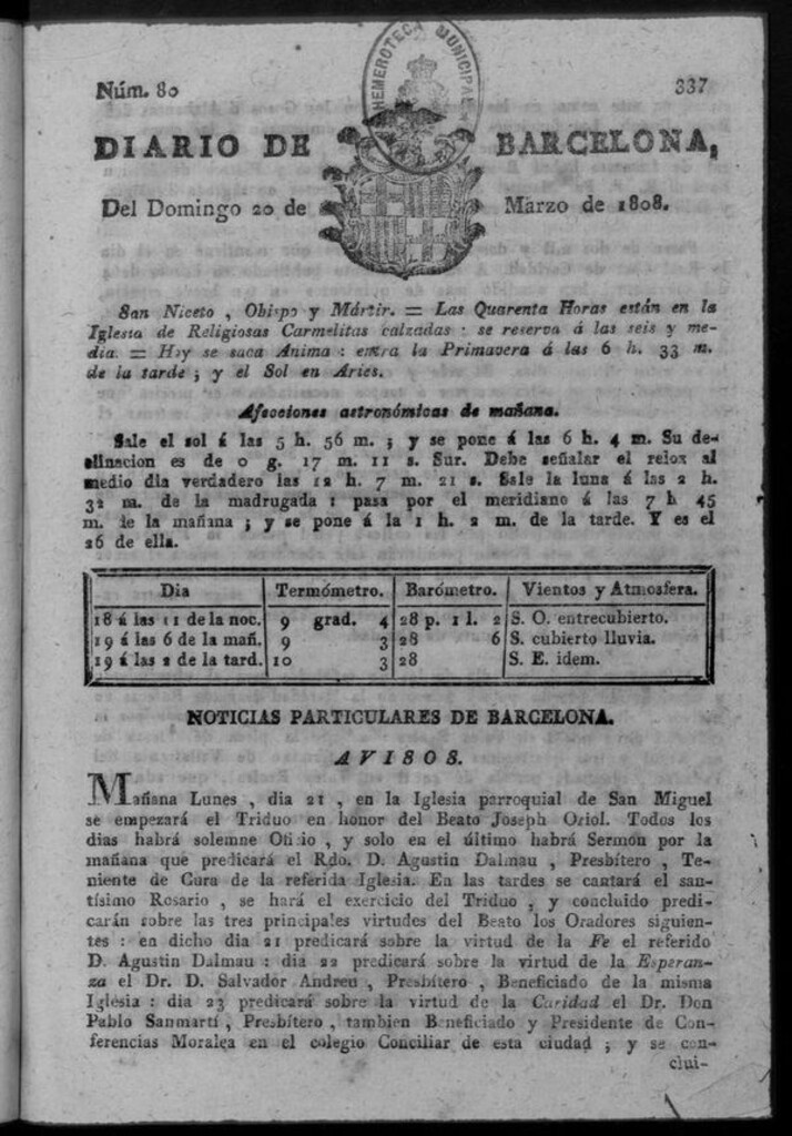 Miniatura de Diario de Barcelona del domingo 20 de marzo de 1808